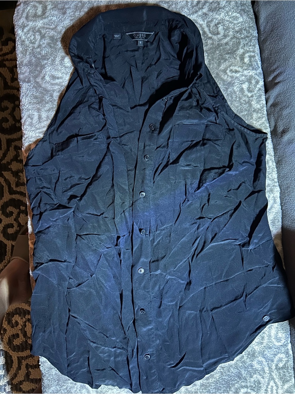 GUESS Black Sleeveless Button-Up Blouse SZ S 100% Silk